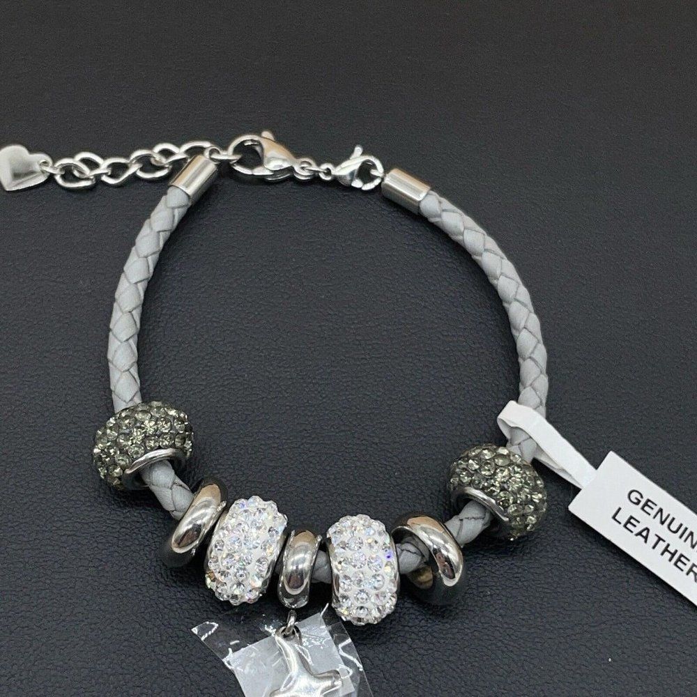 Bracelet Crystal Beads Religious Gray Leather Stainless Steel Cross Polished 7.5 - Picture 2 of 7